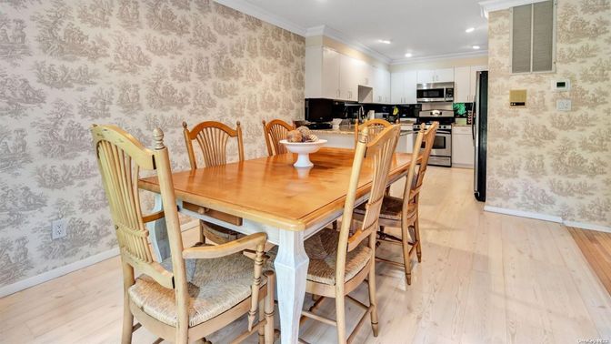 Dining room, Interior, Kitchen, Recessed Lighting, Stainless Steel Appliances, Wood Texture Flooring