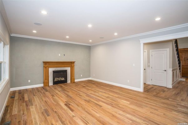 Empty room, Fireplace, Interior, Recessed Lighting, Wood Texture Flooring