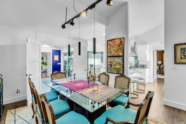 Dining room, Interior, Kitchen, Pendant Lights, Wood Texture Flooring