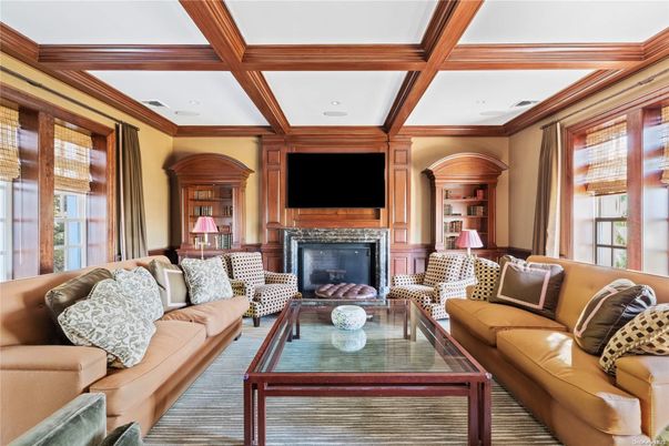 Fireplace, Interior, Living room, Recessed Lighting, Wooden Beams