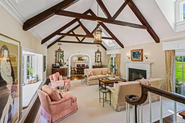 Chandelier, Fireplace, Interior, Living room, Pendant Lights, Wooden Beams
