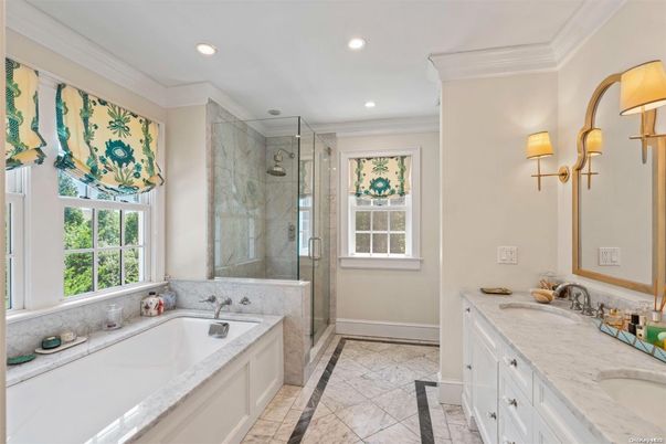 Bathroom, Dual Sink Vanities, Glass Shower, Interior, Marble, Recessed Lighting