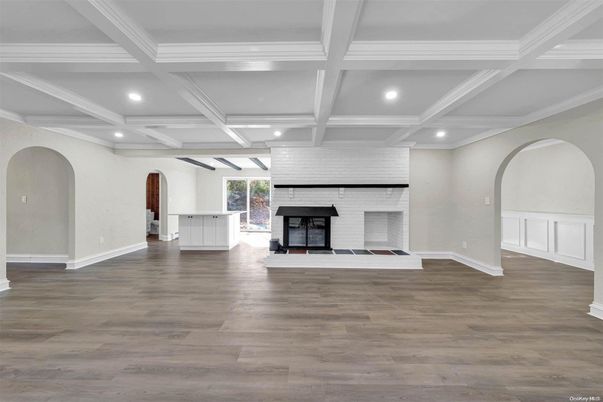 Fireplace, Interior, Recessed Lighting, Stone Walls, Wood Texture Flooring