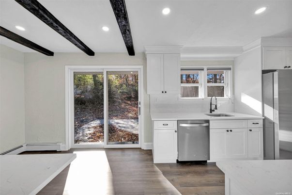 Interior, Kitchen, Recessed Lighting, Stainless Steel Appliances, Wooden Beams, Wood Texture Flooring
