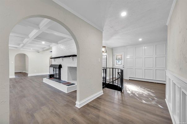 Fireplace, Interior, Recessed Lighting, Wood Texture Flooring