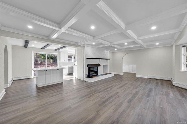 Fireplace, Interior, Kitchen, Recessed Lighting, Wood Texture Flooring