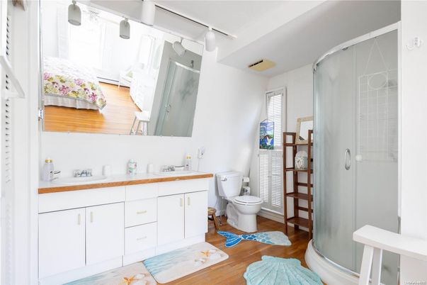 Bathroom, Glass Shower, Interior, Wood Texture Flooring