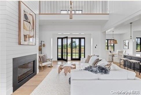 Dining room, Fireplace, Interior, Living room, Pendant Lights, Wood Texture Flooring