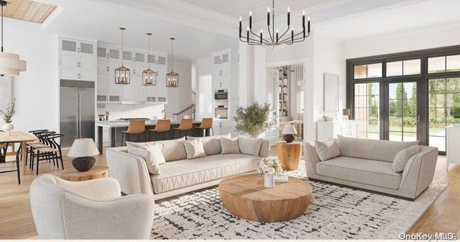 Chandelier, Dining room, Interior, Kitchen, Living room, Pendant Lights, Stainless Steel Appliances, Wood Texture Flooring