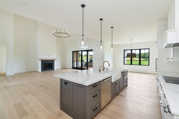 Fireplace, Interior, Kitchen, Pendant Lights, Recessed Lighting, Stainless Steel Appliances, Wood Texture Flooring