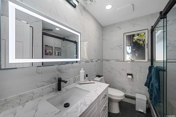 Bathroom, Glass Shower, Interior, Marble, Marble Walls, Recessed Lighting