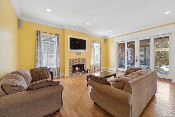 Fireplace, Interior, Living room, Recessed Lighting, Wood Texture Flooring