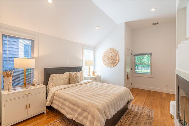 Bedroom, Fireplace, Interior, Recessed Lighting, Wood Texture Flooring