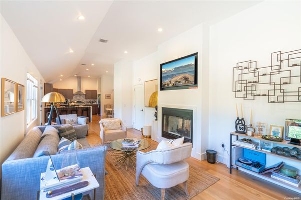 Fireplace, Interior, Kitchen, Living room, Recessed Lighting, Stainless Steel Appliances, Wood Texture Flooring