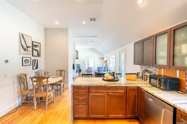 Dining room, Interior, Kitchen, Recessed Lighting, Tile Countertops, Wood Texture Flooring