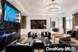 Chandelier, Dining room, Fireplace, Interior, Living room, Marble Walls, Pendant Lights, Recessed Lighting