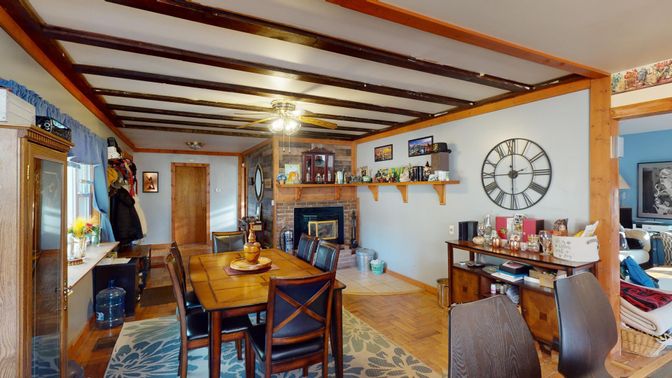 Dining room, Fireplace, Interior, Wooden Beams, Wood Texture Flooring