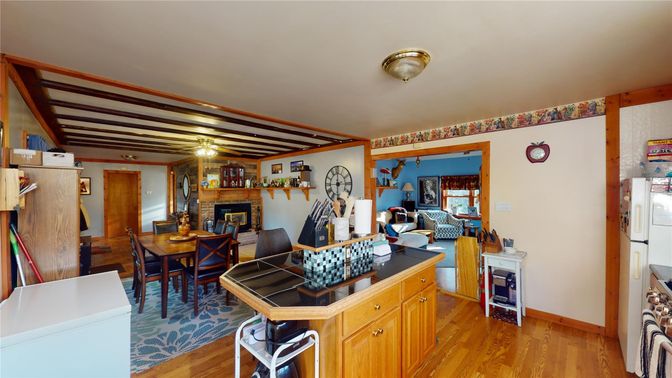 Dining room, Fireplace, Interior, Living room, Wooden Beams, Wood Texture Flooring