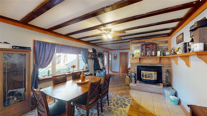 Dining room, Fireplace, Interior, Wooden Beams, Wood Texture Flooring