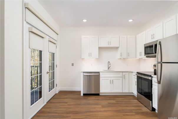 Interior, Kitchen, Recessed Lighting, Stainless Steel Appliances, Wood Texture Flooring