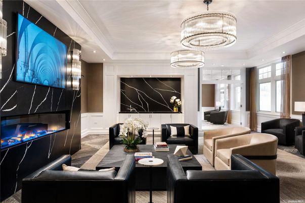 Chandelier, Fireplace, Interior, Living room, Marble Walls, Pendant Lights, Recessed Lighting