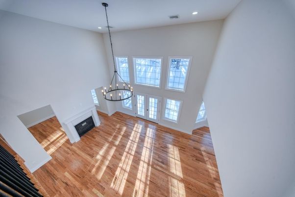 Empty room, Fireplace, Interior, Pendant Lights, Recessed Lighting, Wood Texture Flooring