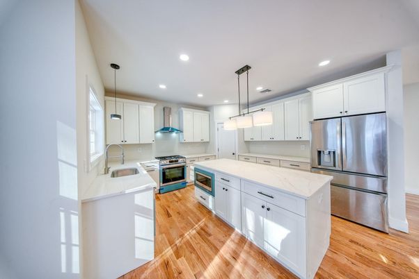 Interior, Kitchen, Pendant Lights, Recessed Lighting, Stainless Steel Appliances, Wood Texture Flooring