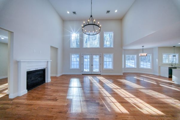 Chandelier, Fireplace, Interior, Recessed Lighting, Wood Texture Flooring