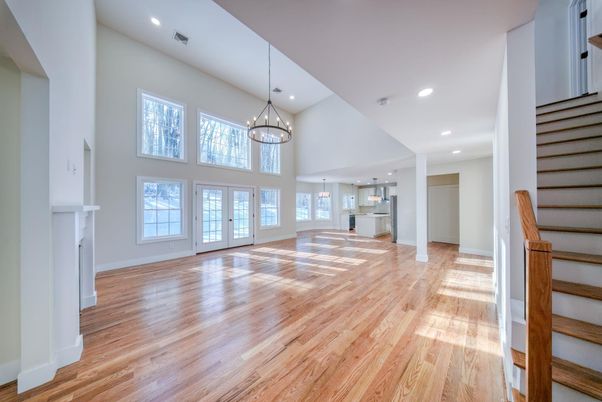 Empty room, Interior, Pendant Lights, Recessed Lighting, Wood Texture Flooring