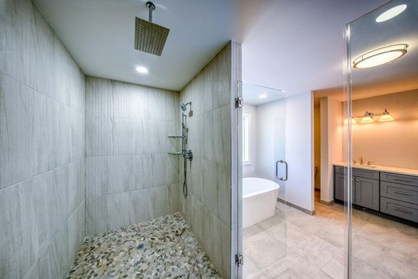 Bathroom, Free Standing Baths, Glass Shower, Interior, Recessed Lighting