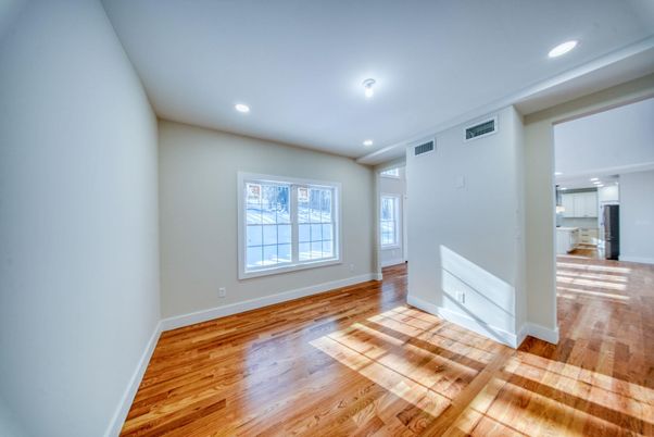 Empty room, Interior, Kitchen, Recessed Lighting, Wood Texture Flooring