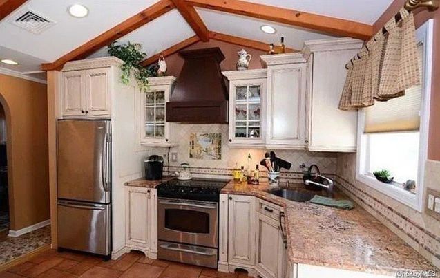 Interior, Kitchen, Recessed Lighting, Stainless Steel Appliances, Wooden Beams