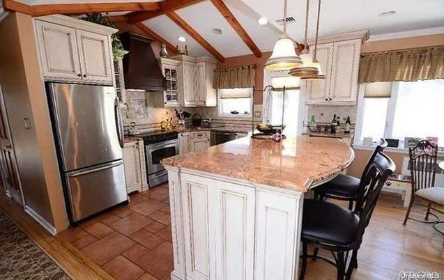 Interior, Kitchen, Pendant Lights, Recessed Lighting, Stainless Steel Appliances, Wooden Beams, Wood Texture Flooring