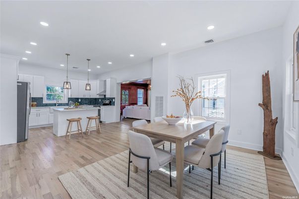 Dining room, Interior, Kitchen, Pendant Lights, Recessed Lighting, Wood Texture Flooring