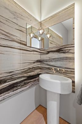Bathroom, Interior, Pendant Lights, Wood Texture Flooring