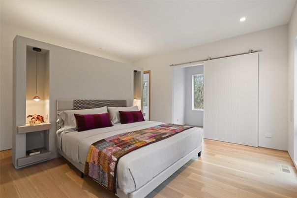 Bedroom, Interior, Pendant Lights, Recessed Lighting, Wood Texture Flooring
