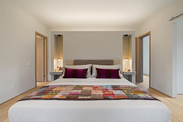 Bedroom, Interior, Pendant Lights, Wood Texture Flooring