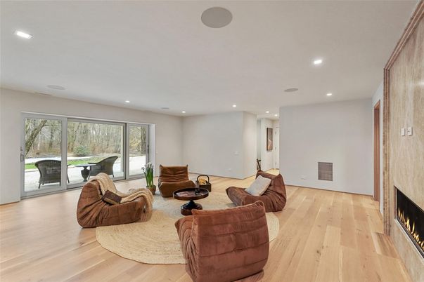 Fireplace, Interior, Living room, Recessed Lighting, Wood Texture Flooring