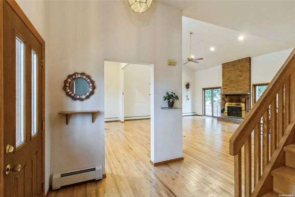 Fireplace, Interior, Recessed Lighting, Stone Walls, Wood Texture Flooring