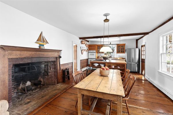 Dining room, Fireplace, Interior, Kitchen, Pendant Lights, Wood Texture Flooring
