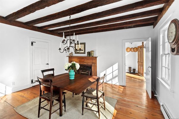 Dining room, Fireplace, Interior, Pendant Lights, Wooden Beams, Wood Texture Flooring