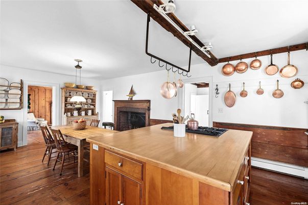 Dining room, Fireplace, Interior, Kitchen, Pendant Lights, Wood Texture Flooring