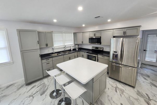 Interior, Kitchen, Marble, Recessed Lighting, Stainless Steel Appliances