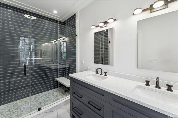 Bathroom, Dual Sink Vanities, Glass Shower, Interior, Marble, Recessed Lighting