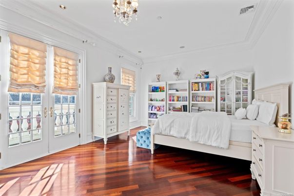 Bedroom, Chandelier, Interior, Recessed Lighting, Wood Texture Flooring