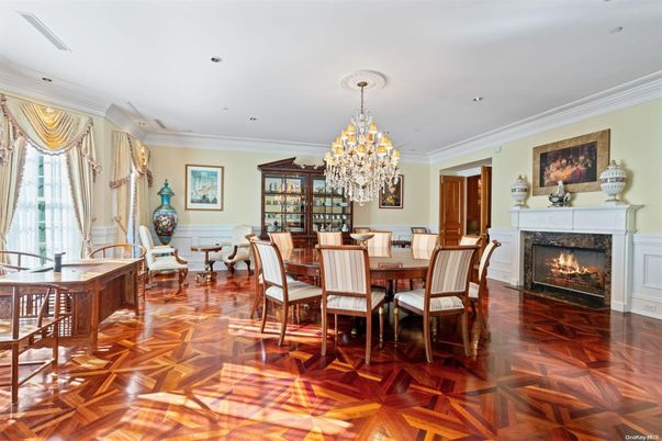 Chandelier, Dining room, Fireplace, Interior, Recessed Lighting, Wood Texture Flooring