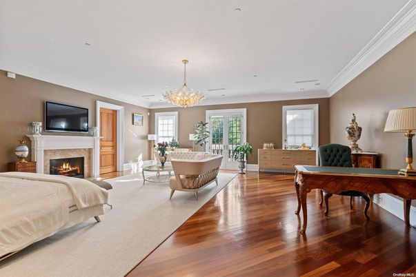 Bedroom, Chandelier, Fireplace, Home Office, Interior, Recessed Lighting, Wood Texture Flooring