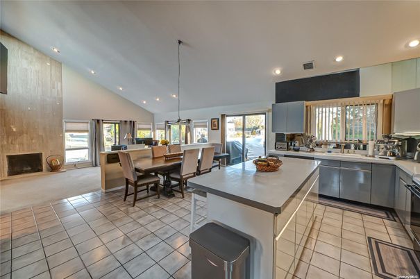 Dining room, Fireplace, Interior, Kitchen, Pendant Lights, Recessed Lighting, Stainless Steel Appliances