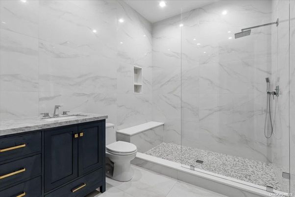 Bathroom, Glass Shower, Interior, Marble Walls, Recessed Lighting