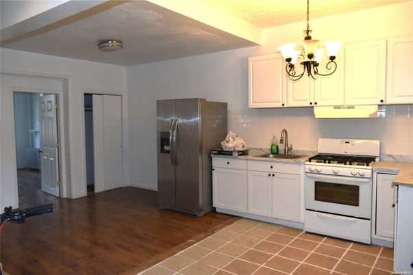 Chandelier, Interior, Kitchen, Stainless Steel Appliances, Wood Texture Flooring